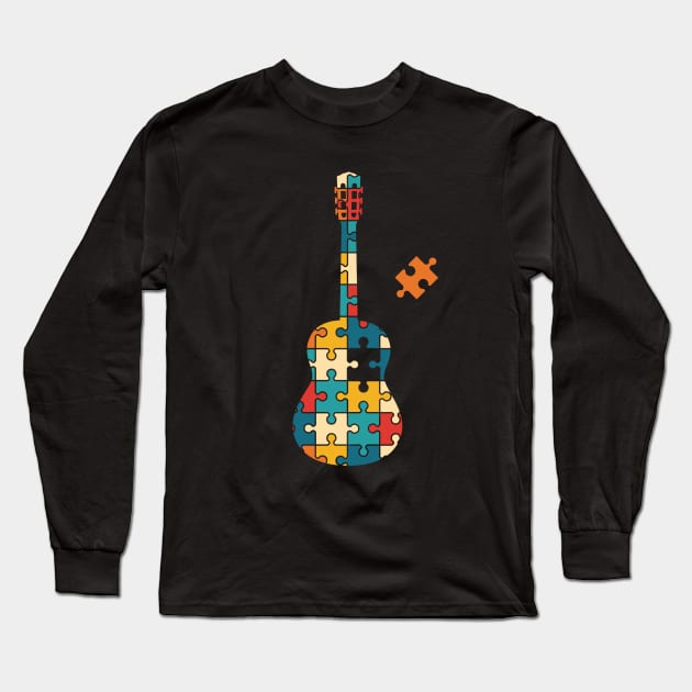 Retro Style Puzzle Classical Guitar Silhouette Long Sleeve T-Shirt by nightsworthy